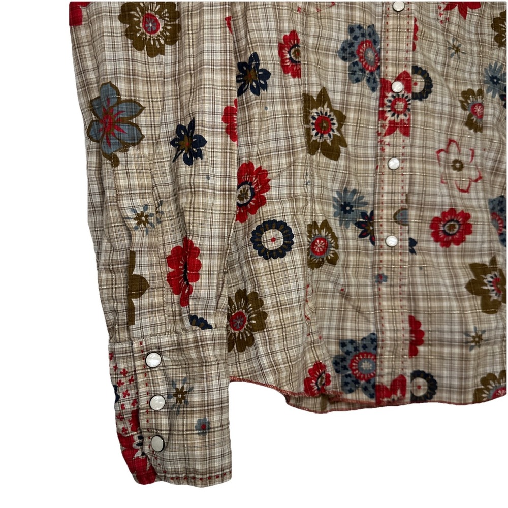Johnny Was Cotton Floral Brown Red Gold Flannel Pearl Snap Button Up Size 4 - Picture 4 of 13